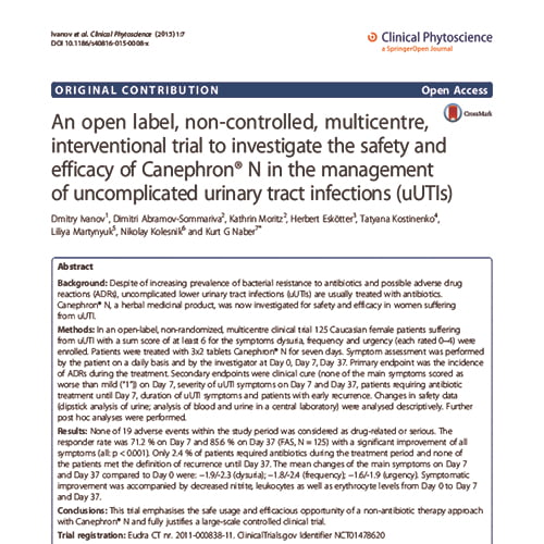 Статья An open label, non-controlled, multicentre, interventional trial to investigate the safety and efficacy of Canephron® N in the management of uncomplicated urinary tract infections (uUTIs)